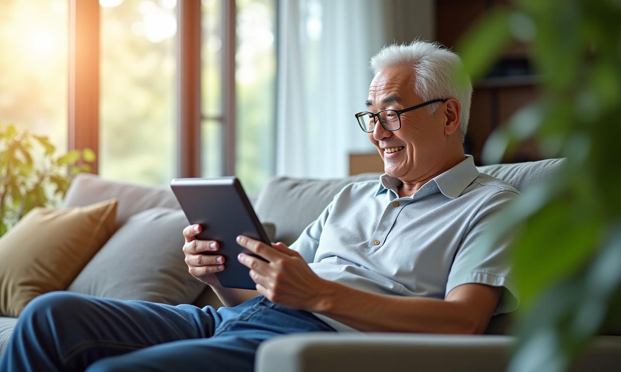 モダンで明るいリビングで、タブレットを操作しながら微笑むシニアの男性