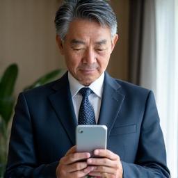 スマートフォンを見ながら安心した表情の鈴木健一様