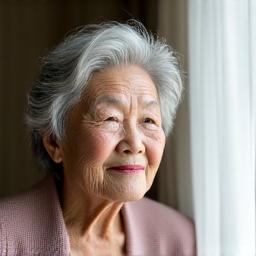 窓辺で穏やかに微笑む田中良子様