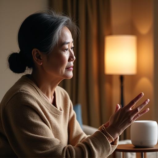 「電気を消して」とスマートスピーカーに話しかけるシニア女性
